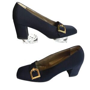 Vtg Yves Saint Laurent Buckle Pump Block Heel Women US 7 N EU 37 Navy Blue Gold